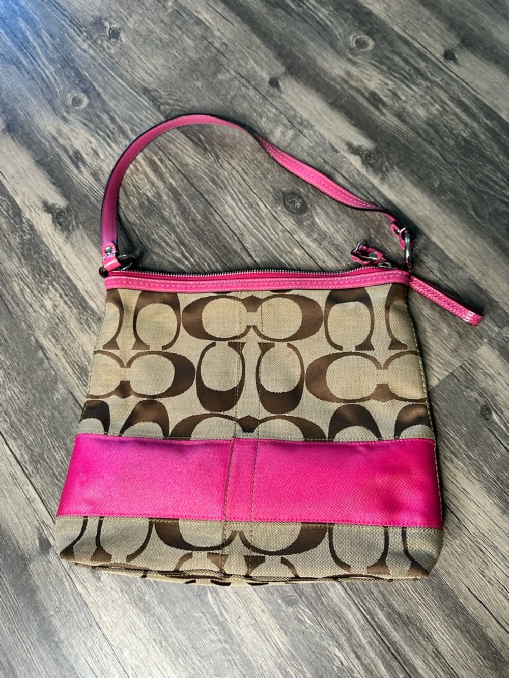 Coach Signature Canvas Pink Stripe Shoulder Bag Small Zip Top Purse - Picture 2 of 7